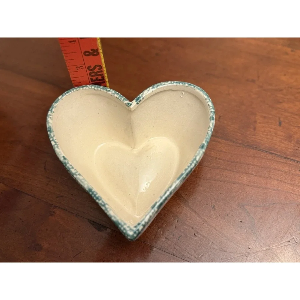 Vintage Chaparral Pottery USA Heart Shaped Dish Bowl Green Spongeware‎ Rose